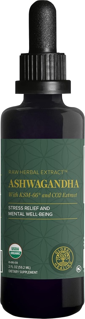 Global Healing Center - Organik Ashwagandha Supplements Drops - KSM-66 Erkekler ve Kadınlar için Ekstra Güç, Stresten Yardıma Yardımcı Olun, Mood Support, Organik (2 Fl Oz)
