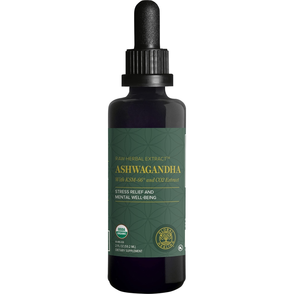 Global Healing Center - Organik Ashwagandha Supplements Drops - KSM-66 Erkekler ve Kadınlar için Ekstra Güç, Stresten Yardıma Yardımcı Olun, Mood Support, Organik (2 Fl Oz)