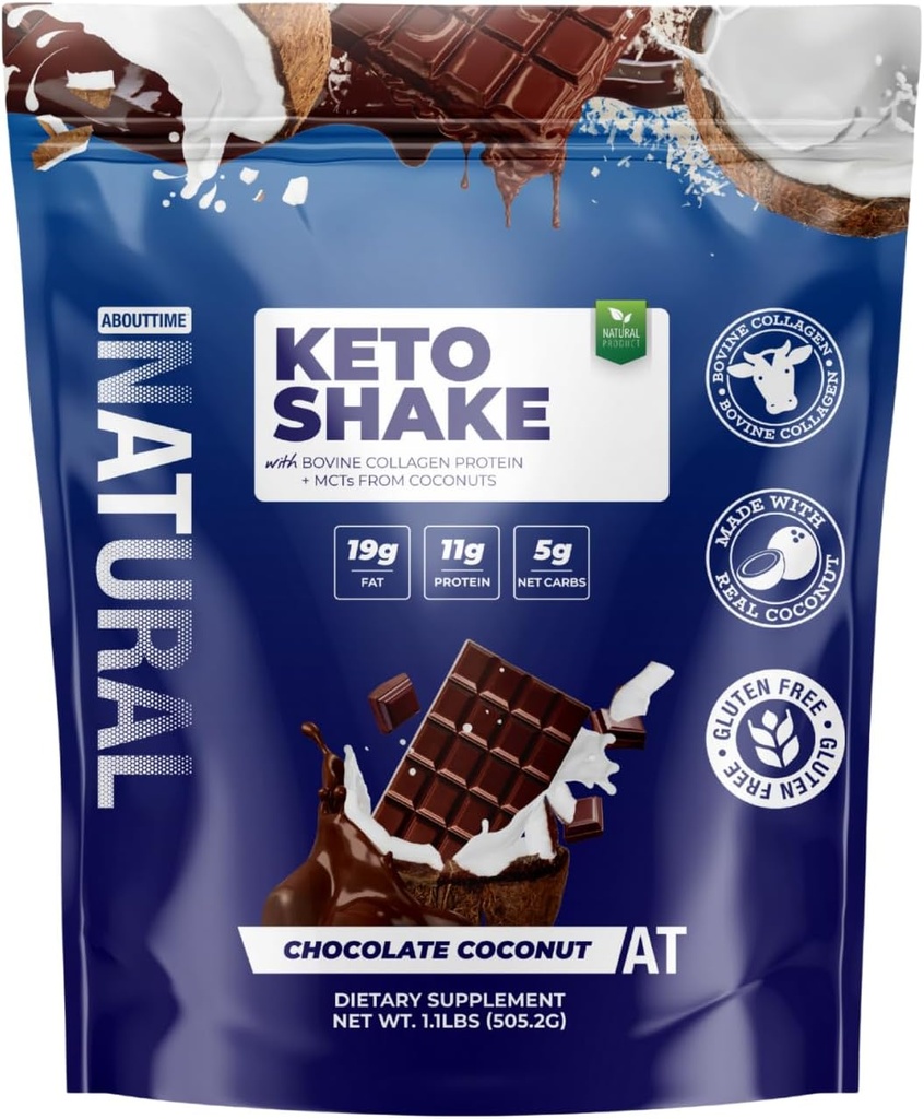 About Time Keto Shake Chocolate Coconut with Bovine Collagen Protein + MCTs from Coconuts | 11g Protein, 19g Fat, 5g Net Carbs | Gluten-Free, Non-GMO, 12 Servings