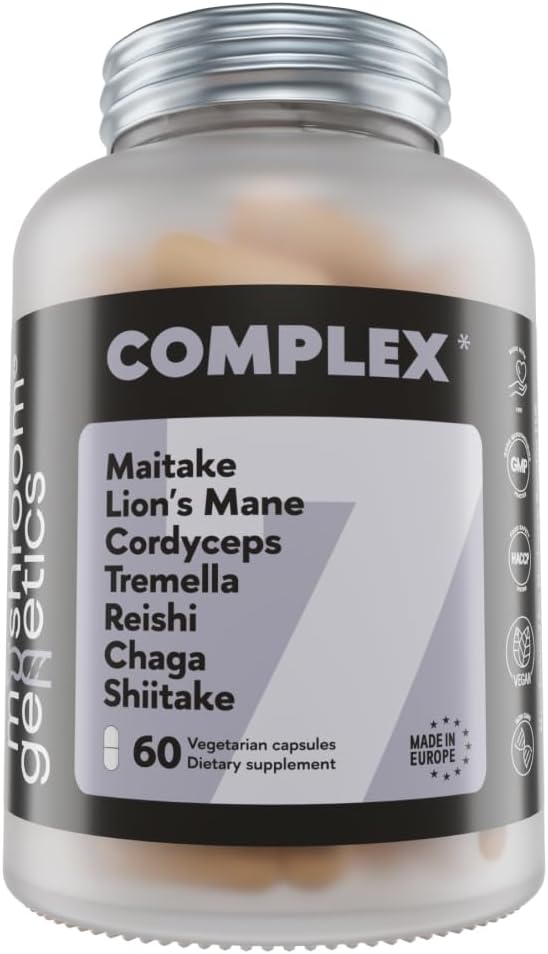 Kompleks 7 - Organik Reishi, Lions Mane, Cordyceps, Shiitake, Chaga, Maitake & Tremella for Immune Support, Focus & Energy | Adaptojenik Nootropic Mushroom Supplement | 60 Capsules
