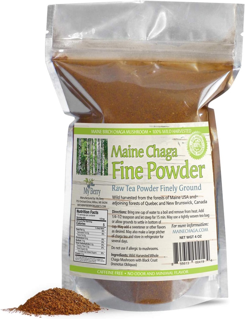Maine Chaga Tea Fine Mushroom Toz |% 100 Wild-Harvested in Maine & Atlantic Kanada | Tüm Raw Toz | 4oz