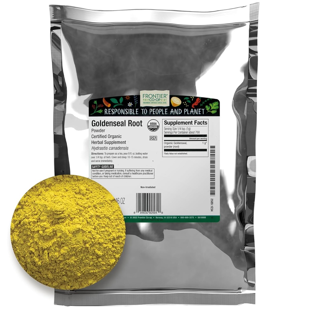 Frontier Co-op Organic Goldenseal Root Toz, 1/4 lb - Earthy, Bitter Herbal Root with Bright Yellow Color for Tea and Tincture Tars - 4 ozz