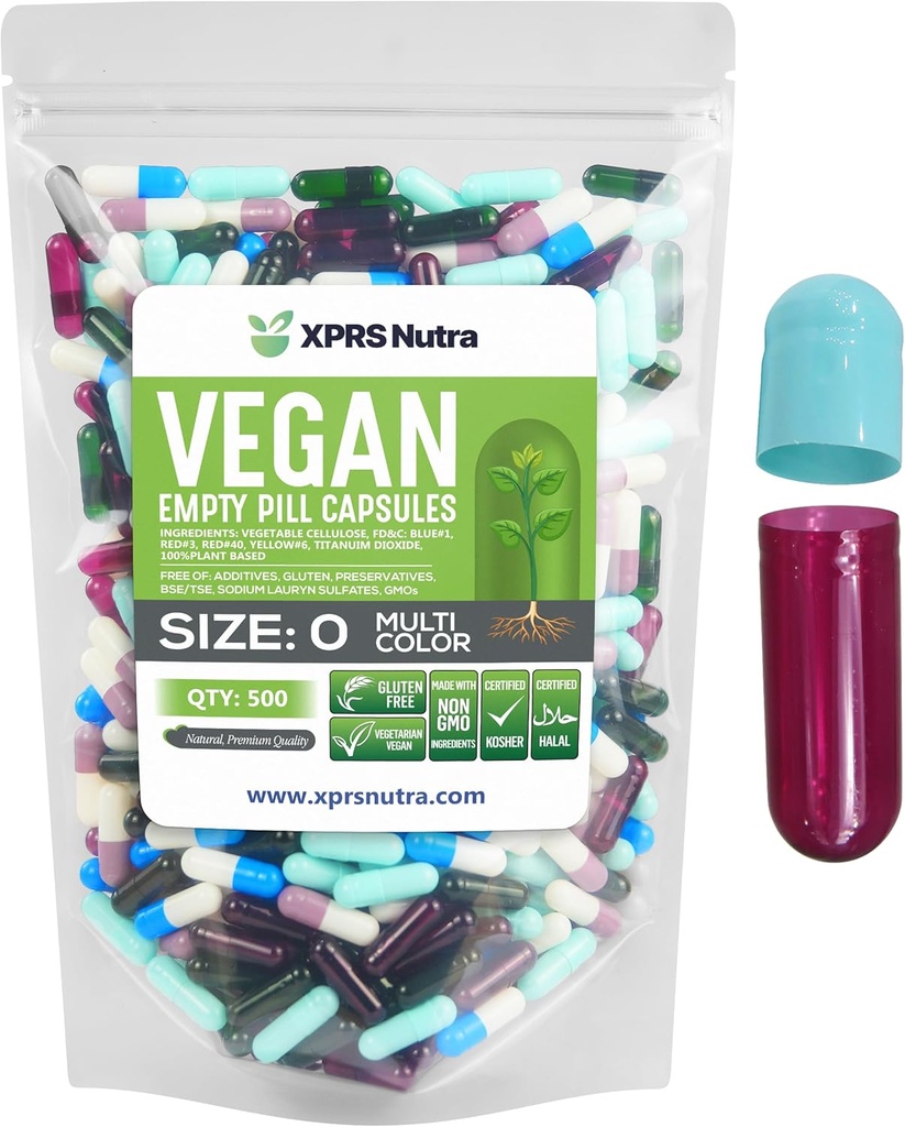 XPRS Nutra Boyutu 0 Boş Kapsüller - 500 Kont Boş Vegan Capsules - Vejetaryen Pills - DIY Sebze Kapsülü - Veggie Pill Caps for Do-It- Yourself Supplements (Multi Color)