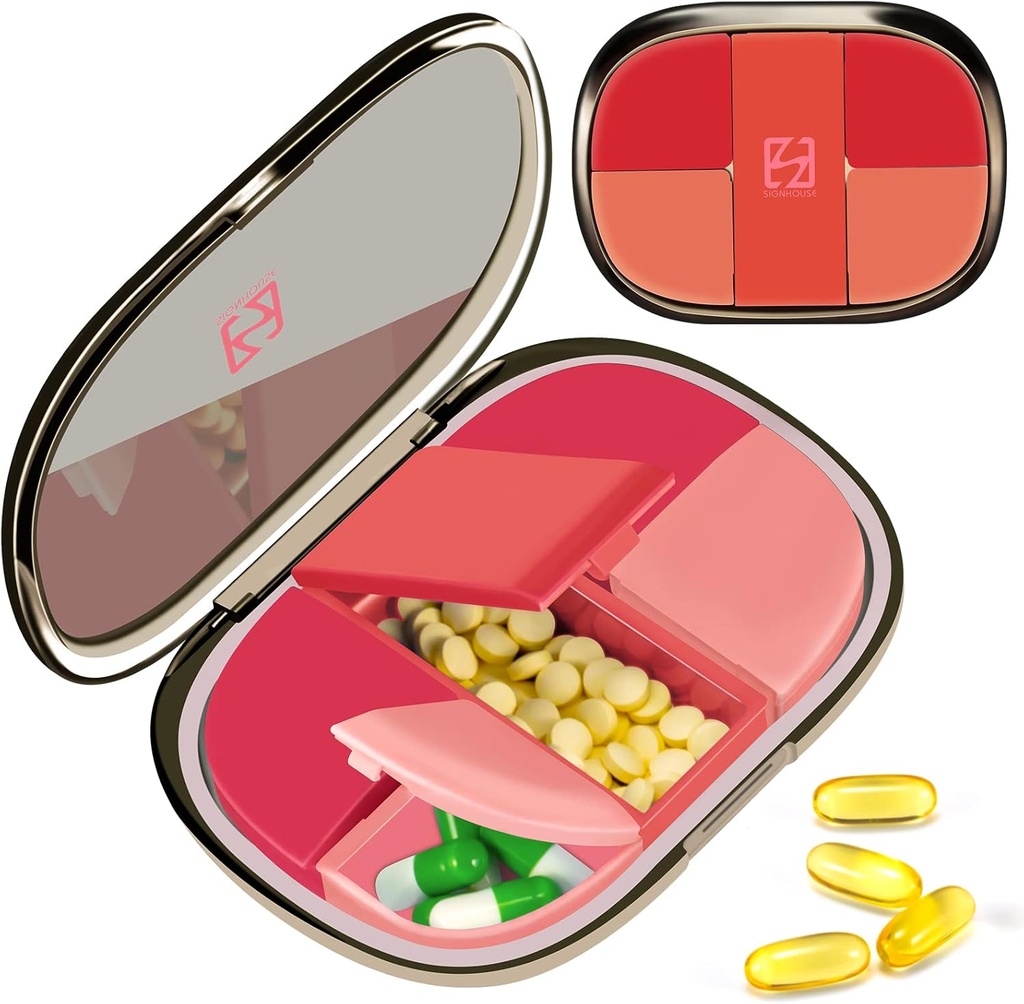 Daily Pill Case Organizer Pocket Pharmacy, Chrxbei Pill Container Case Travel Must Haves with 5 Compartments, Portable Pill Splitter Holder Box for Vitamin, Medication, Supplement and Fish Oil - Red