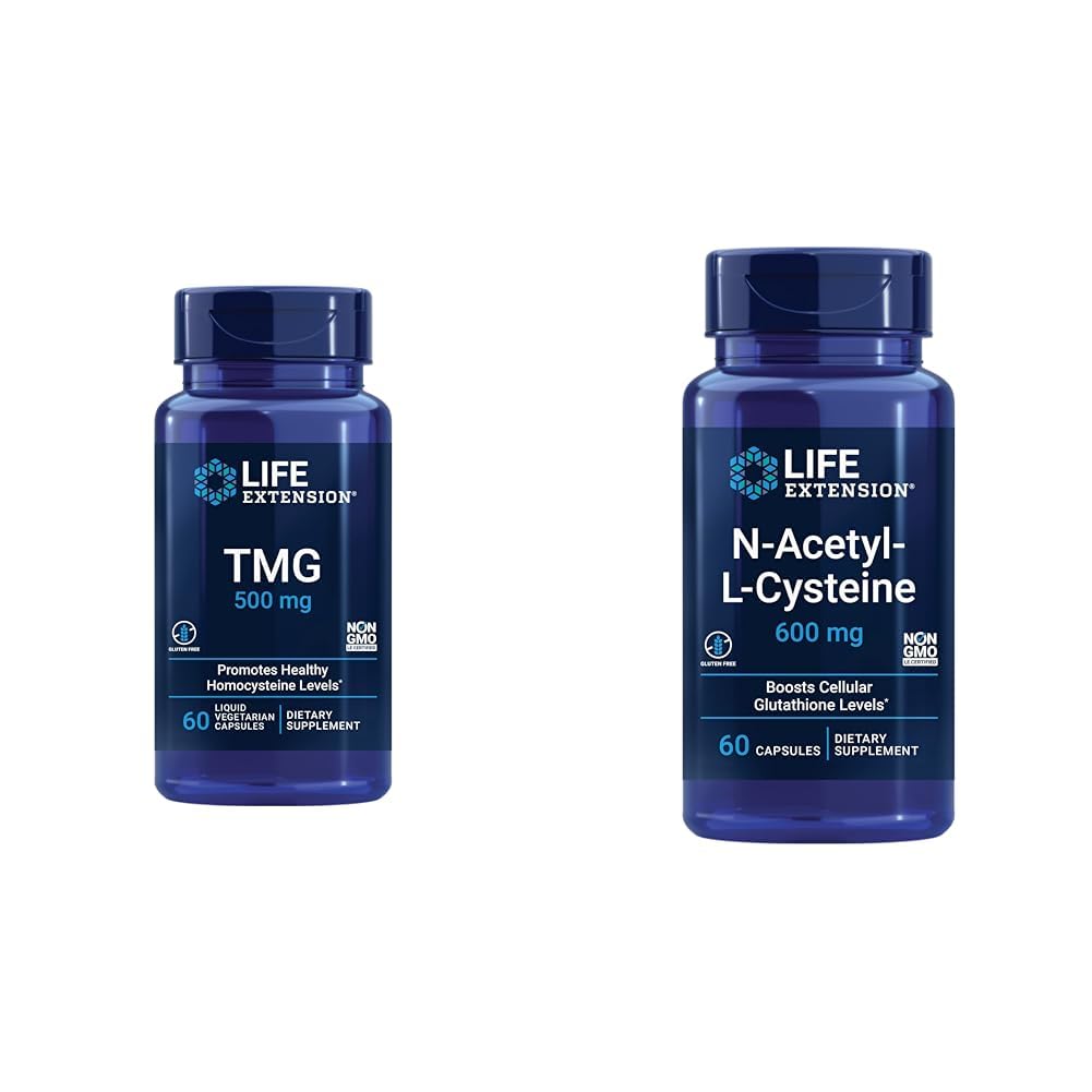Life Extension TMG 500 mg – Tritilglycine Supplement – Encourages Health Homocysteine Levels & N-Acetyl-L-Cysteine (NAC), Immune, Respiratory, Liver Health, NAC 600 mg