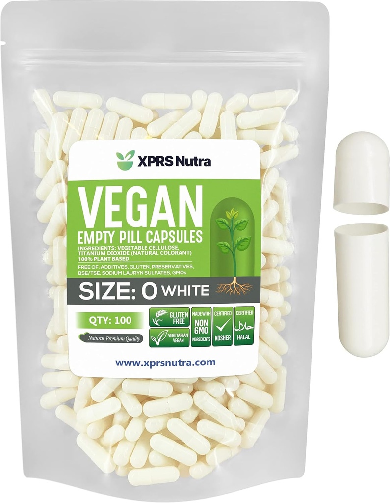 XPRS Nutra Boyutu 0 Boş Kapsüller - 100 Kont Boş Vegan Capsules - Vejetaryen Pills - DIY Sebze Kapsülü - Veggie Pill Caps For Do-It- Yourself Supplements (Beyaz)