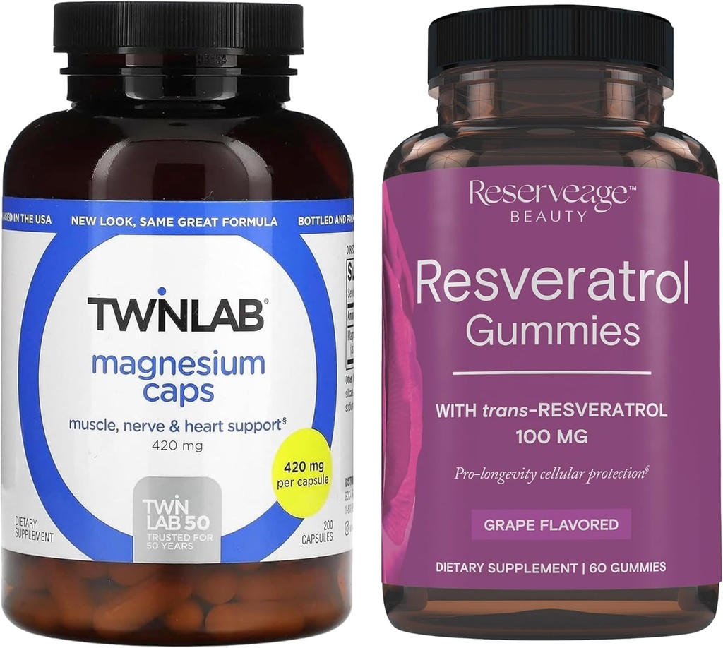 Twinlab Magnezyum Caps - Stres Yardımı için 420 mg, 200 Kont, 1 Pack & Reserveage Beauty- Resveratrol Gummies 100 mg, Vegan - 1 Pack