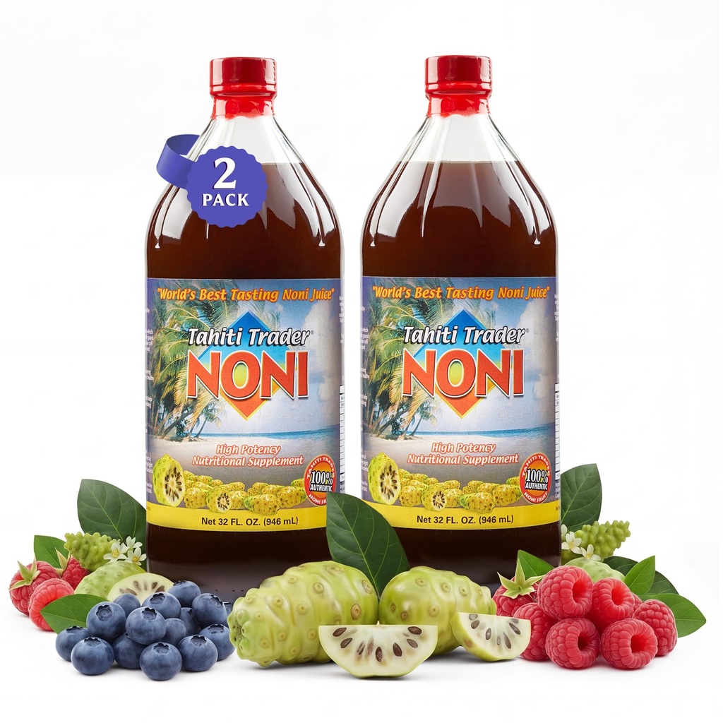 Tahiti Trader Original High Potency Noni Juice - Pure Noni Fruit Juice with Blueberry & Raspberry - Organik Antioksi Superfood Supporting Energy & Body Health - (32oz, 2 Pack)