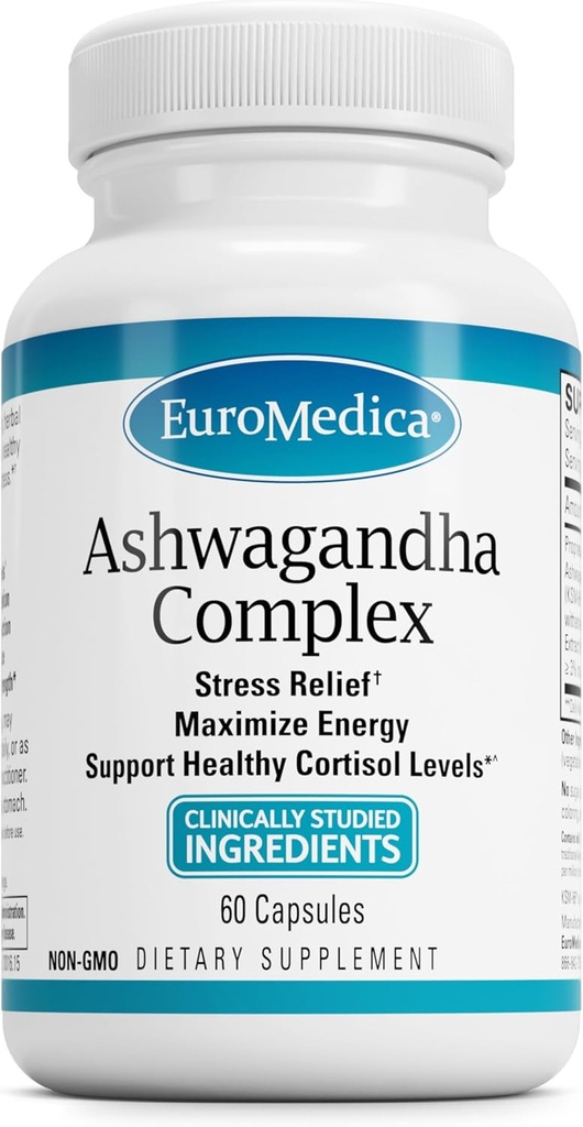 EuroMedica Ashwagandha Kompleksi - Adrenal Sağlık'ı Desteklemek için Tamam - Rhodiola Rosea Ekstraksiyonu ile Ashwagandha Supplement - Enerji & Concentration - 60 Capsules