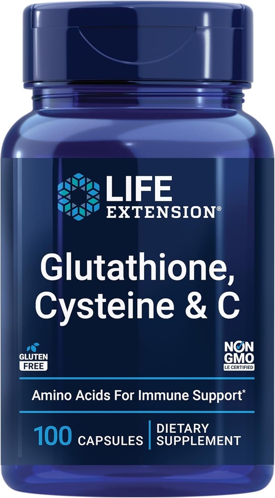 Επέκταση ζωής Glutathione, Cysteine & C, 500 mg βιταμίνης C, Ισχυρό αντιοξειδωτικό συμπλήρωμα για την υποστήριξη της υγείας του ήπατος, χωρίς γλουτένη, μη GMO, 100 κάψουλες