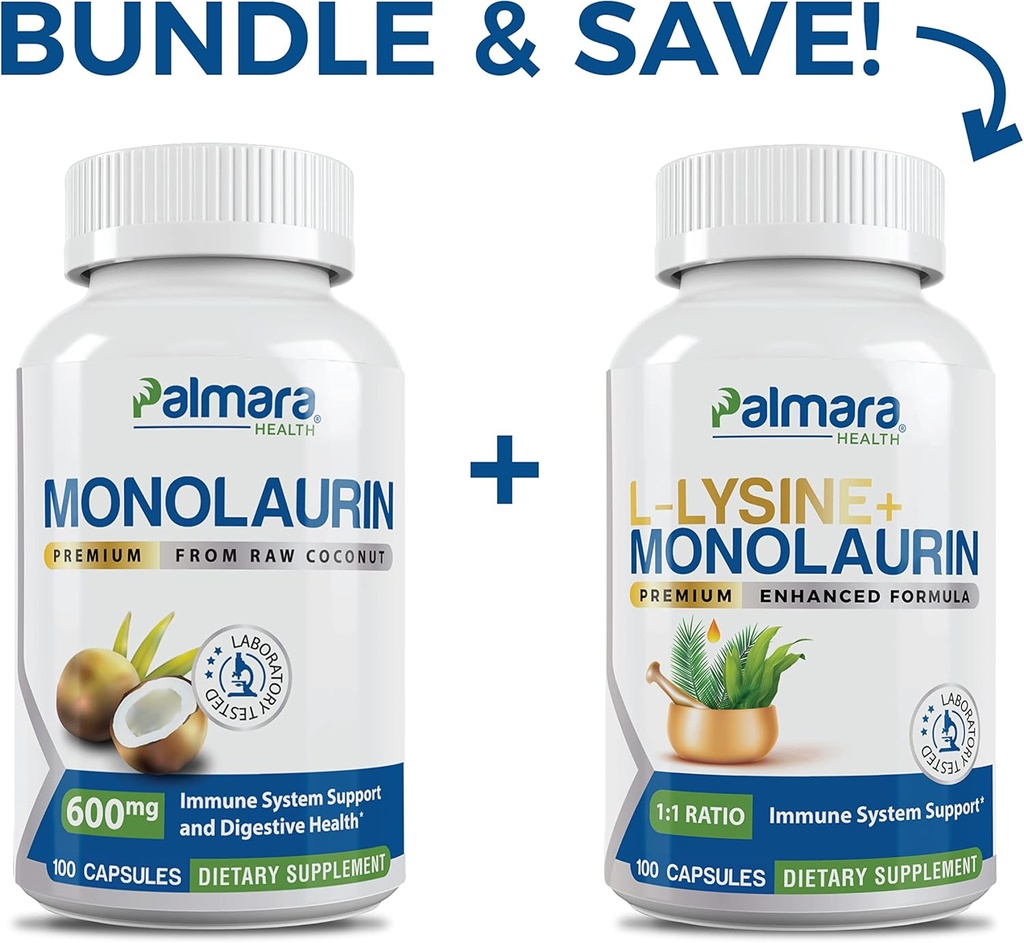 Palmara Health Premium Monolaurin 600 mg + L-Lysine + Monolaurin Combo