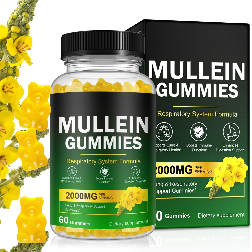 Lung Detox için Mullein Gummies, 2000 mg Mullein Leaf Extract for Respiratory & Digestive & Immune Support w/Quercetin, Bromelain, Elderberry & Marshm, Vegan 120 Gummies (1 şişe 60 diş) (1)