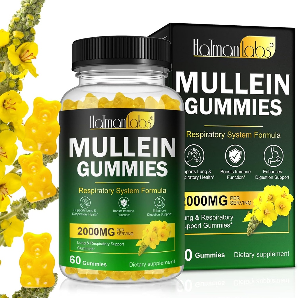 Mullein Gummies για το Lung Detox, 2000mg Mullein Leaf Extract για το αναπνευστικό & digestive & ανοσοποιητική υποστήριξη w/Quercetin, Bromelain, Elderberry & Marshmallow, Vegan 120 Gummies (1 μπουκάλι 60 gummies) (1)