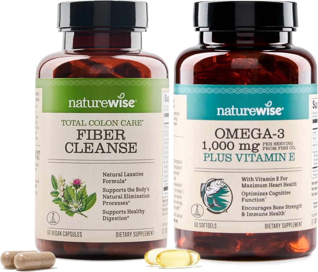 NatureWise Total Colon Care Fiber Cleanse και Omega 3 Fish Oil Κάψουλες [60 Count Each]