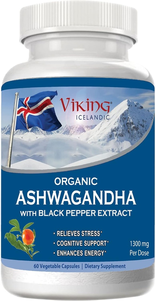 Viking Organic Ashwagandha με εκχύλισμα μαύρου πιπεριού Ισλανδικά. 60 κάψουλες Vegan - Μέγιστη απορρόφηση για το άγχος, διάθεση και την ενεργειακή υποστήριξη