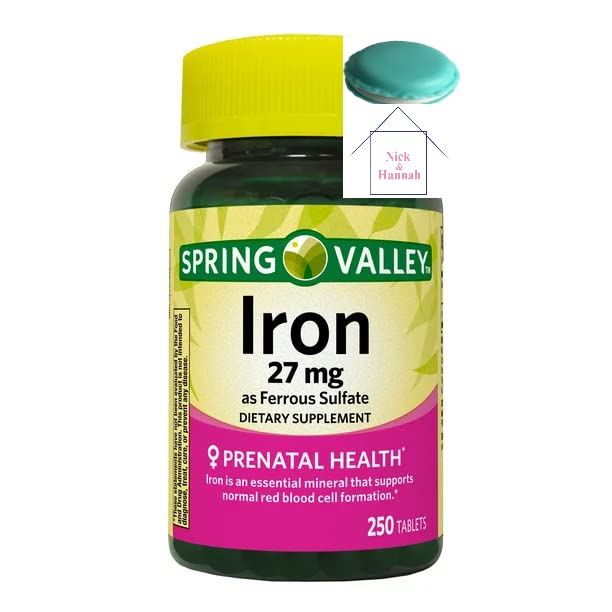 Spring Valley Iron, Ferrous Sulfate Tabletler Diyetsel Tamam, 27 mg, 250 Kont + 1 Mini Pill Konteyner (Renk Var)