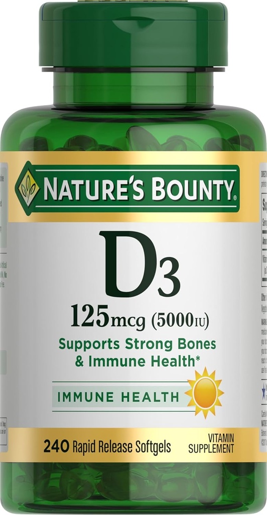 Nature's Bounty Vitamin D3 5000 IU Softgels, Hızlı Yayın, Immune Support, Vitamin D Supplements, 240 Ct