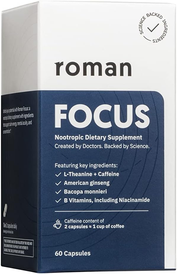 Ro Focus | Nootropic Diyetary Supplement Supports Calm Energy and Concentration with Caffeine, L-Theanine, American Ginseng, and Bacopa Monnieri | 30-Day Supply (60 Tablet)
