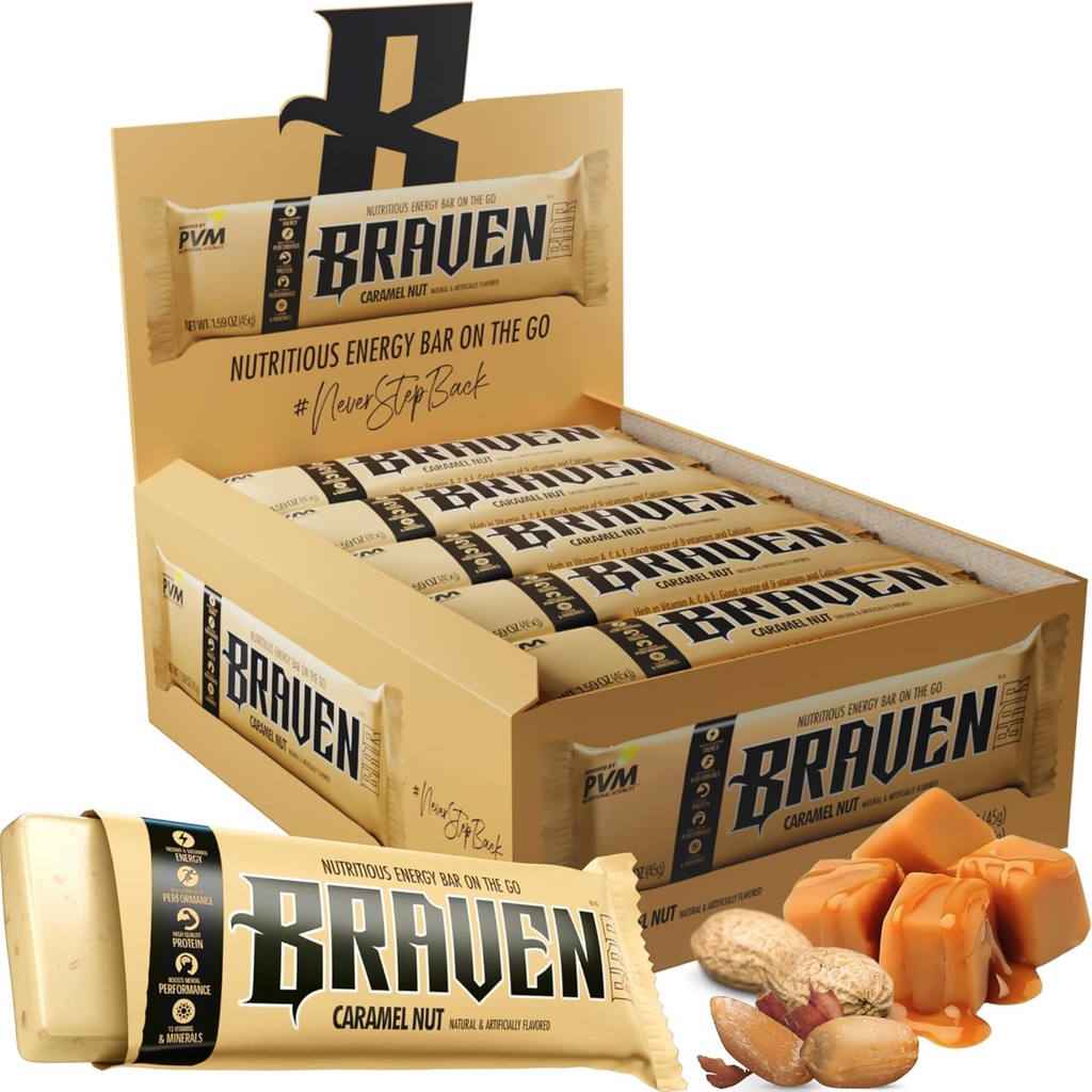 Braven Bar Caramel Nut Energy Bars (1.59 oz, 20'nin Paketi) – 5g Protein ile Enerji Chews – Koşu, Yürüyüş ve Spor için Enerji Atıştırıcıları – Sustained Energy Boost için Gluten Free Snacks