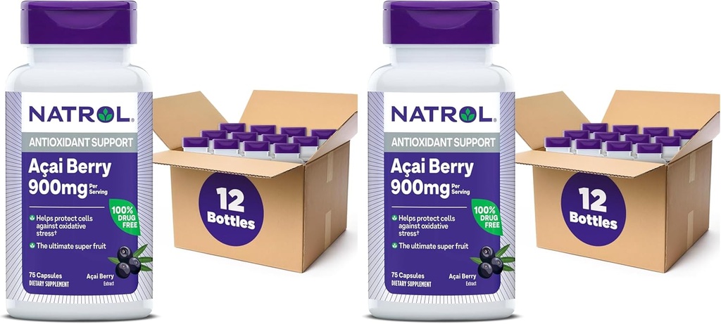 Natrol Acai Berry, Συμπλήρωμα διατροφής, Αντιοξειδωτική Προστασία & Άμυνα, The Ultimate Super Fruit, 1.000 mg Veggie Caps, 75 Count (Pack of 24)