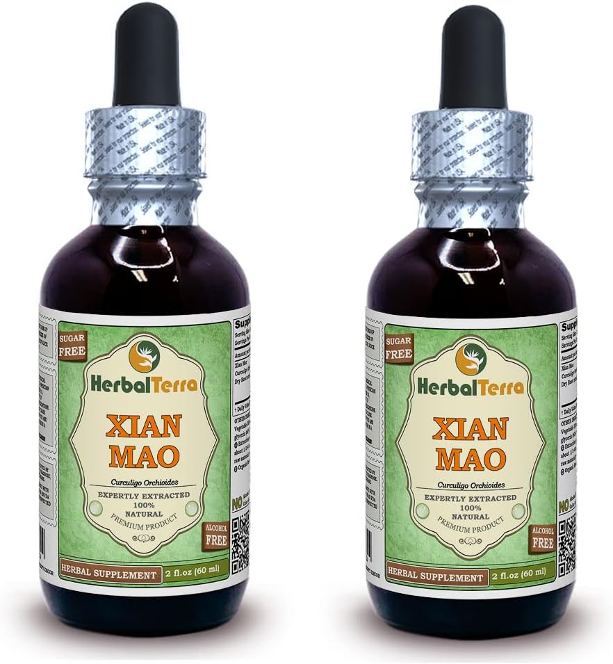 Xian Mao, Curculigo (Curculigo Orchioides) Glycerite, Organik Kuru Kök Toz Alkol Özgür Sıvı (Brand Name: HerbalTerra, Proudly Made in USA) 2x2 fl.oz (2x60 ml)