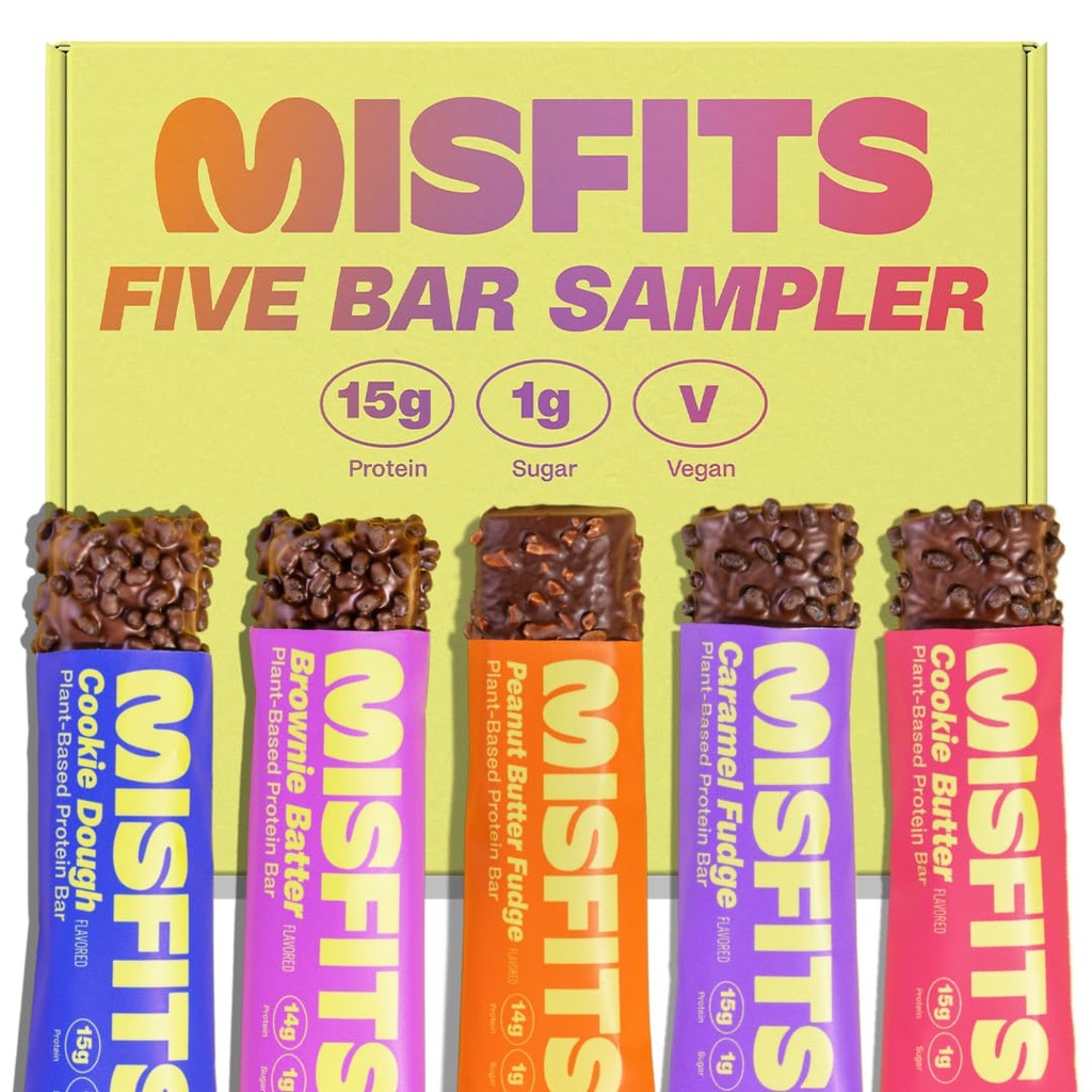 Misfits Vegan Protein Barlar - Güncelleme Recipe | Plantive, Low Sugar & Carb, High Fiber Snacks | Çeşitli Örnek Paketi Flavors | Pack of 5 (1 of each Flavor)
