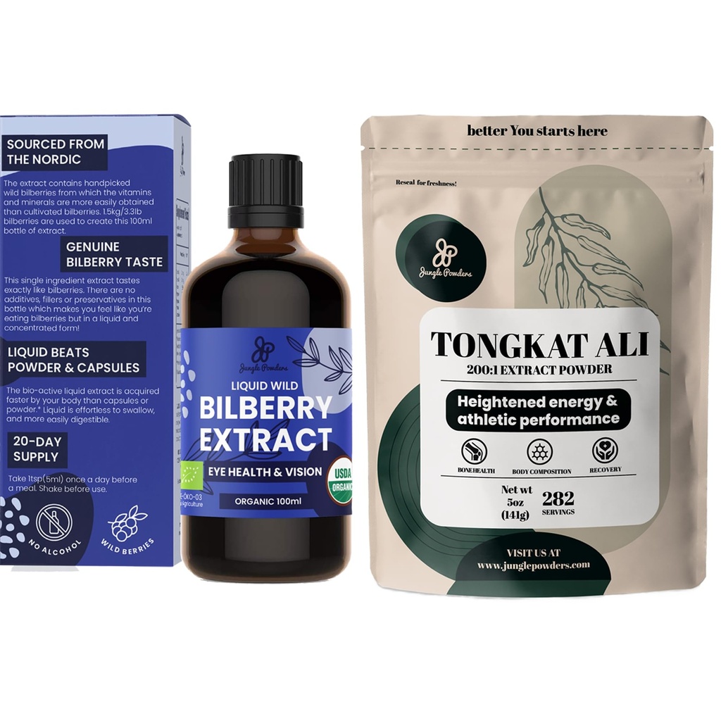 Σκόνη ζούγκλας Tongkat Ali για Ανδρικές Σκόνες 200:1 Extract 5 Τσάντα ουγγιάς, Wild Bilberry εκχύλισμα για τα μάτια οργανικά 3.4oz Bottle Bilberry συμπλήρωμα για τα μάτια