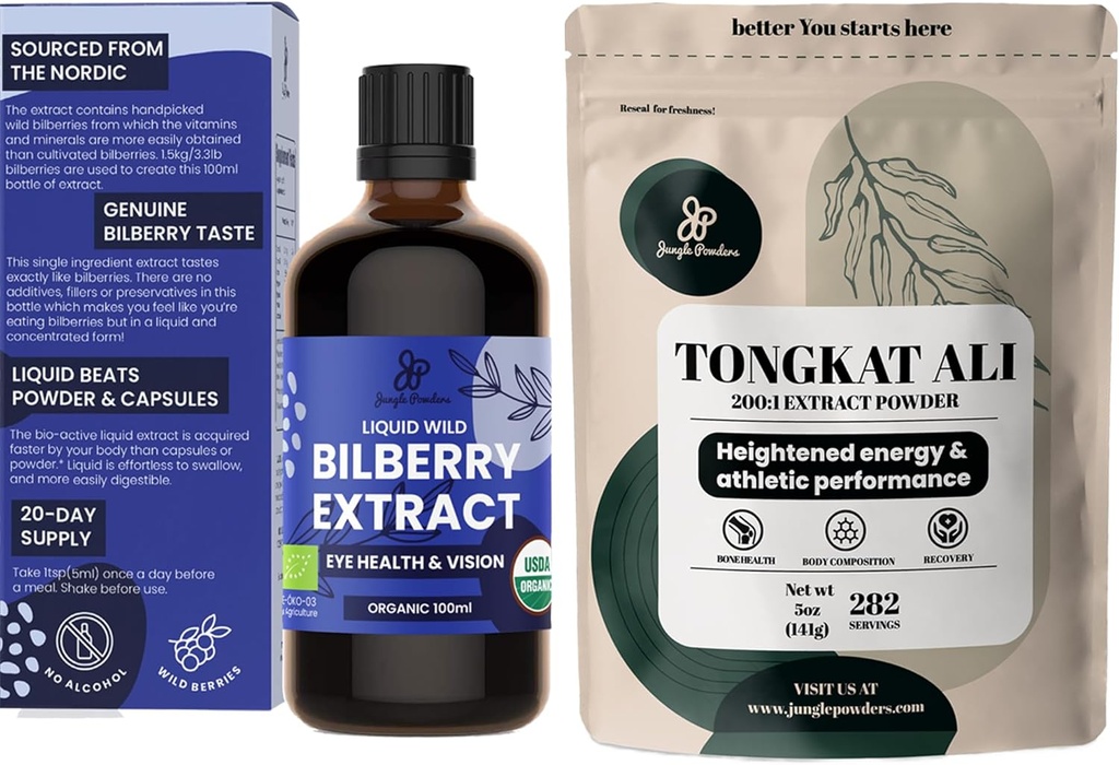 Orman Tozları Tongkat Ali for Men Tozs 200:1 Extract 5 Ounce Bag, Wild Bilberry Türlü Gözler Organik 3.4oz Şişe Bilberry Supplement for Eyes