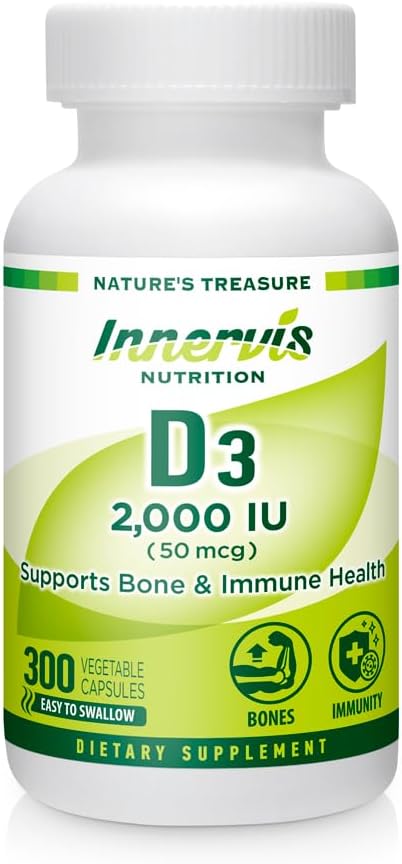 Yüksek Potency Vitamin D3 2000 IU – Boost Immune, Support Bone & Teeth, Easy to Swallow 300 Veg Capsules