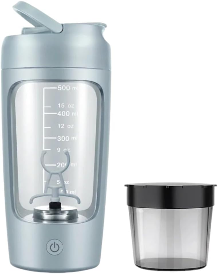Elektrikli Portatif Protein Shaker Şişe for Smooth Blends | w/FREE PROTEIN POWDER CUP | Premium Şişe Tritan'dan Yapıldı – BPA Free | 650 ml | Isıtma | GYM & Sports Enthusiast için. (Baby Blue)