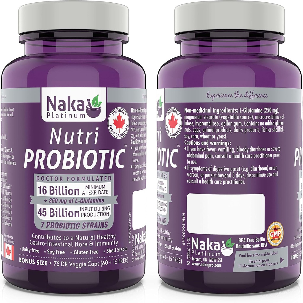 Naka Pro Herbs Platinum Nutri Probiotic (7 Strains, 16 Billion +) Shelf Stable, 75 Vcaps 1 Count Packaging May Vary