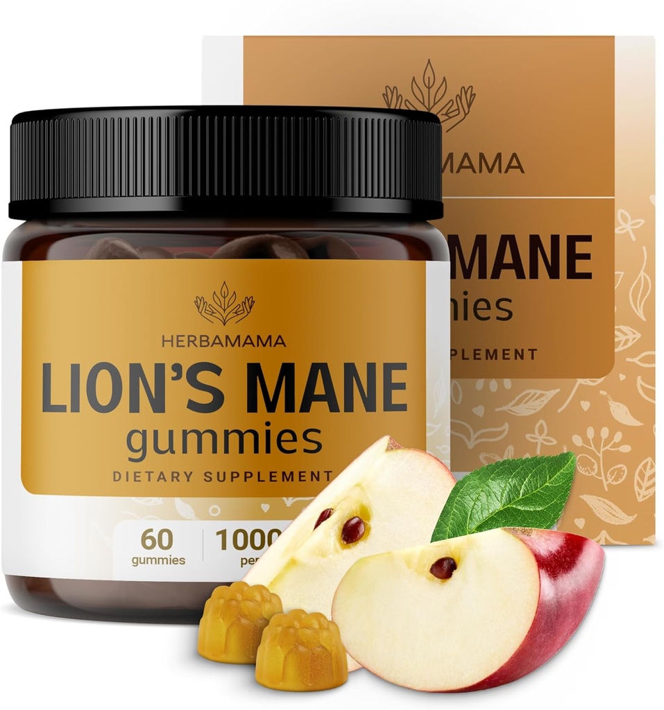 HERBAMAMA Lion's Mane Gummies - 1000 mg Lion's Mane Mushroom for Brain Clarity Support - Vegan, Non-GMO Focus Supplement for Yetişkinler - 60 Pectin-Based Apple-Flavored Chews