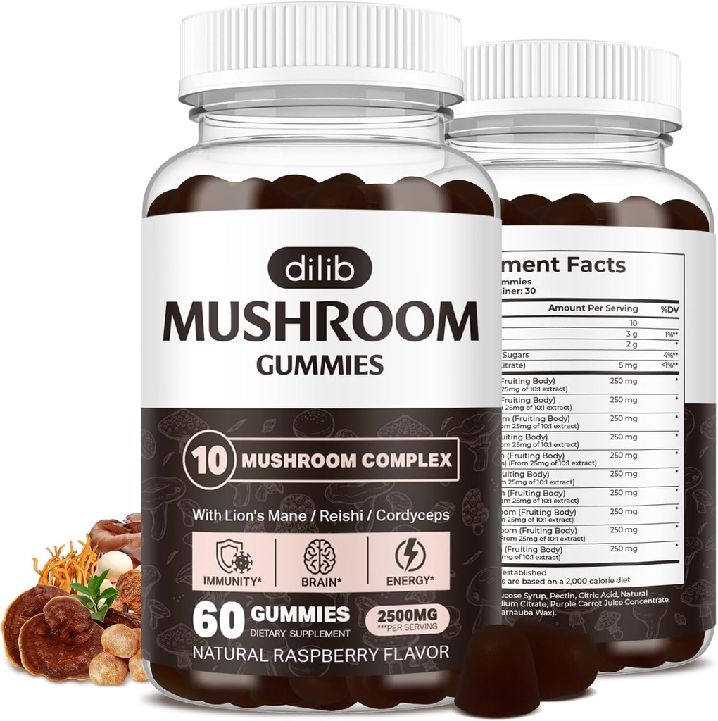Mushroom Gummies 10 Blend Mushrooms Complex 2500mg με Lions Mane, Cordyceps, Turkey Tail, Chaga, Reishi Supplement-Focus, Καθαρότητα, Μνήμη, Ενέργεια, Ανοσολογική Υποστήριξη-60 Gummies