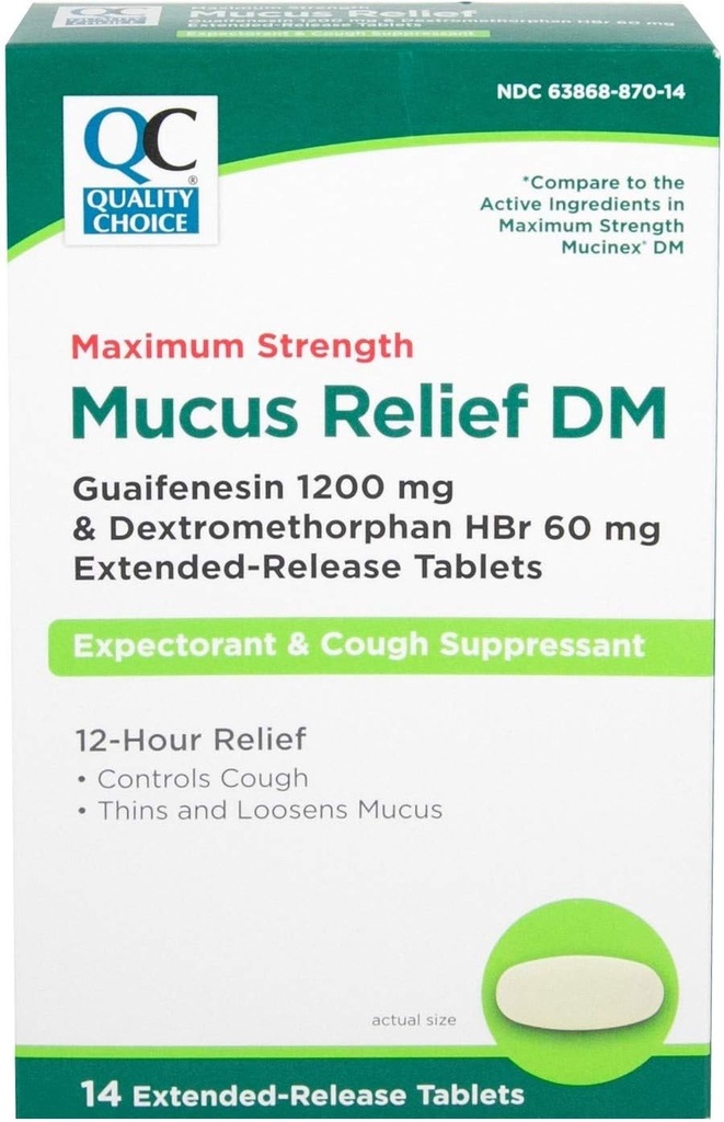 Kalite Seçimleri En Güçlü Mucus Relief DM, Cough Suppressant ve Bekleyici, 12 Saat Yardımı, Guaifenesin 1200 mg ve Dextromethorphan HBr 60 mg Genişletilmiş Bilet Tabletleri, 14 Kont