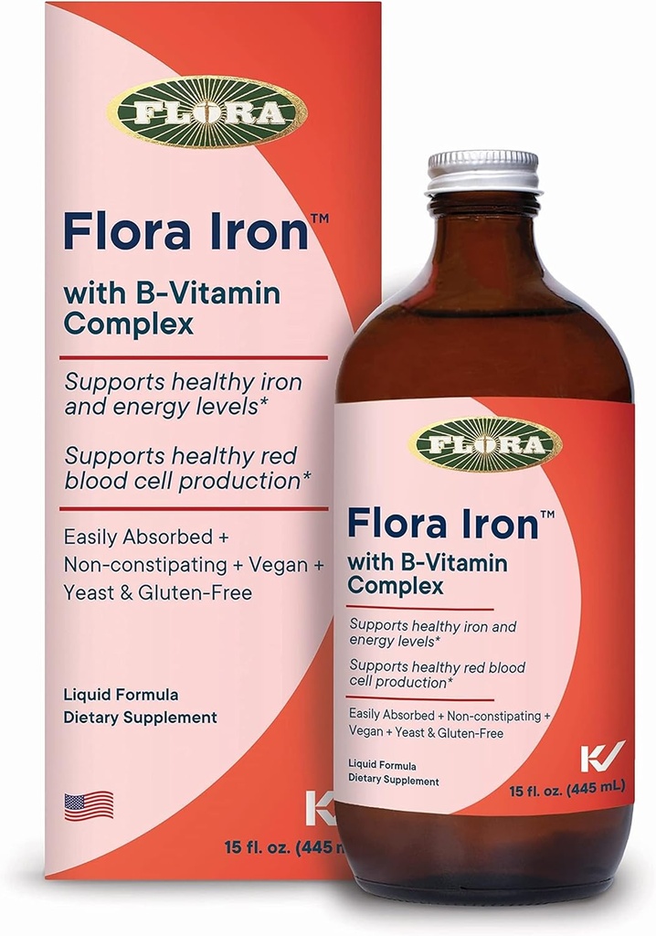 Flora Iron - Vegan Sıvı Demir B Vitaminleri ile Ek - Kırmızı Kan Hücre & Enerji Desteği - Yeast-Free & Gluten-Free - Delicious Fruit Juice Base - 15 fl. oz. Şişe cam şişe