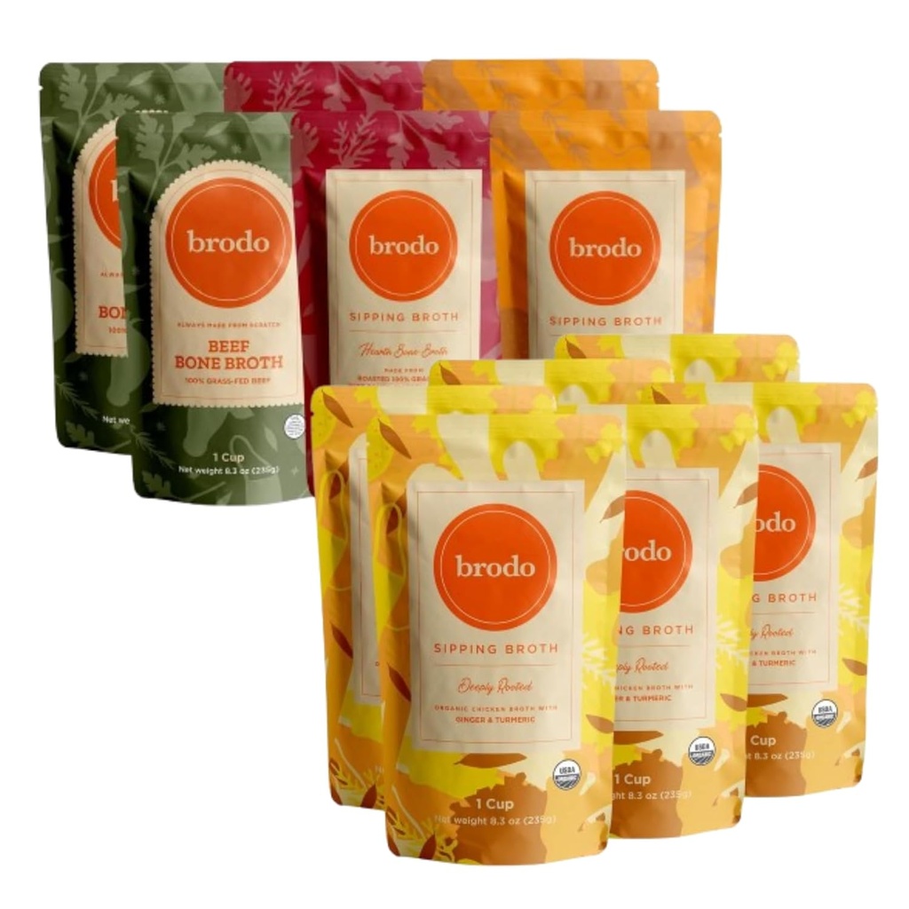 Brodo Deeply Rooted Organic Chicken Broth with Turmeric & Ginger | Nutrient Dense, Şef Crafted Bone Broth in Single Service Pouches | Not Made From Temp, Noservatives (6x 8.3 oz Pouches)