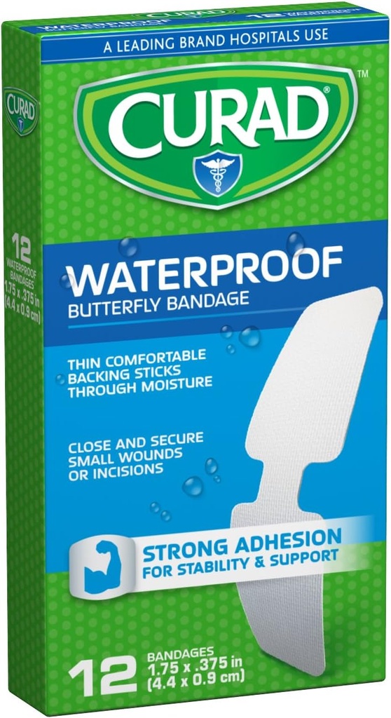 Curad Waterproof Butterfly Adhesive Bandages, 1.75" x .375", 12 Count
