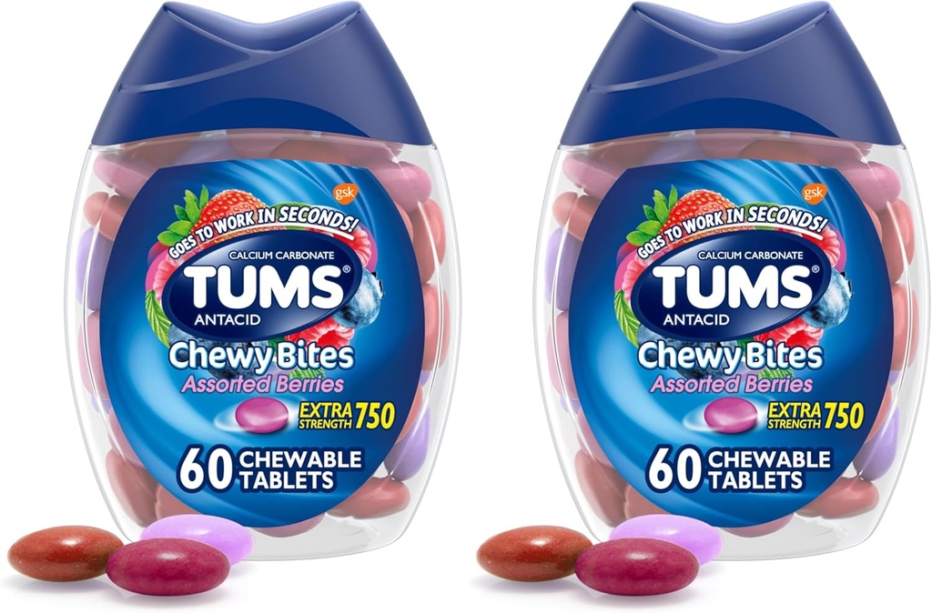 TUMS Chewy, Chewable Heartburn Relief ve Acid Indigestion Relief için Antacid Tabletleri Bites - 60 Kont (Pack of 2)