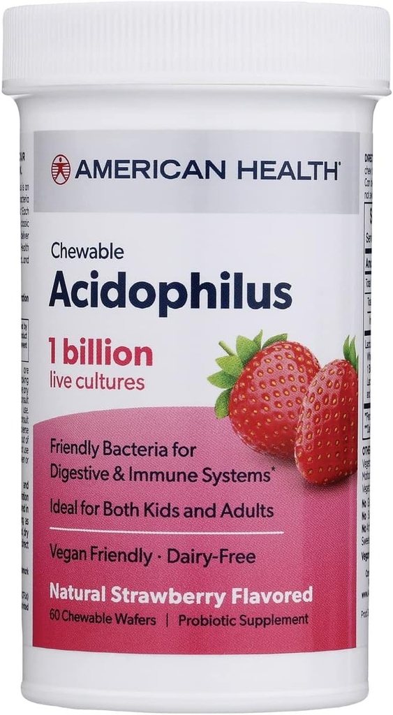 AMERICAN SA Günlük Çekilebilir Tablet Asitofili, 1 Milyar Canlı Kültür, Digestive & Immune Systems, Strawberry, 60 Countt