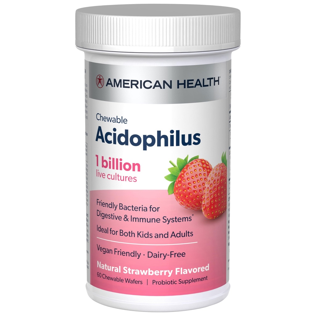 AMERICAN SA Günlük Çekilebilir Tablet Asitofili, 1 Milyar Canlı Kültür, Digestive & Immune Systems, Strawberry, 60 Countt