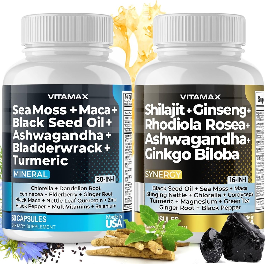 Saf Himalaya Shilajit Supplement, Sea Moss, Ashwagandha, Bladderwrack, Gingko Biloba, Organik Capsules & Trace Mineral for - Non-GMO - Vegan - Erkekler ve Kadınlar - Amerika'da Made