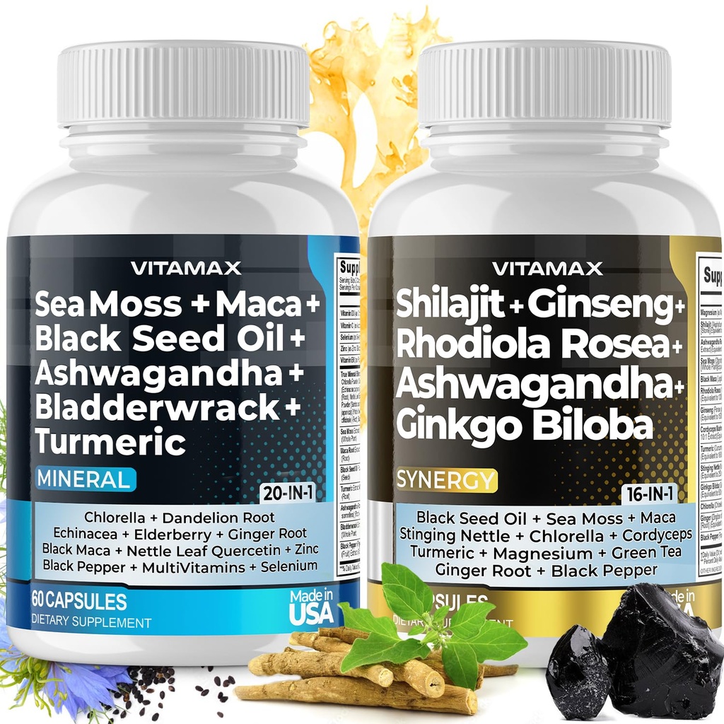 Vitamax Pure Himalayan Shilajit Supplement, Sea Moss, Ashwagandha, Bladderwrack, Gingko Biloba, Βιολογικές Κάψουλες & Ιχνοστοιχείο για - Μη ΓΤΟ - Vegan - Άνδρες και γυναίκες – Κατασκευασμένο στις ΗΠΑ