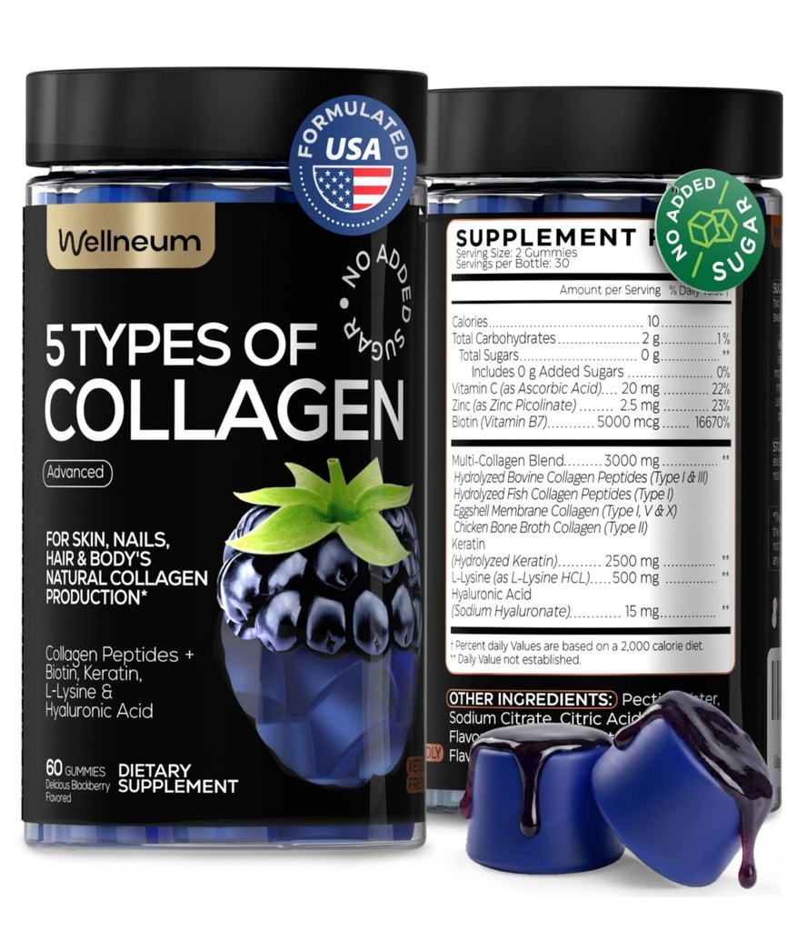 Collagen Peptide Gummies for Women and Men - Collagen Gummy Supplement for Health Hair, Skin, Nails and Bones - Hyaluronic Acid, Biotin, Keratin, Saw Palmetto - Sugar Free, No GMO ve Gluten, 60 Adet