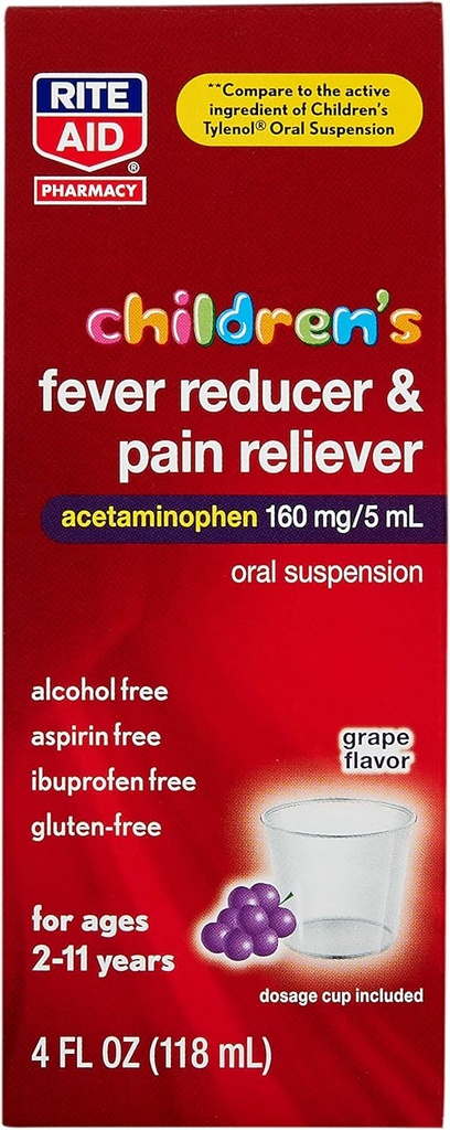 Rite Aid Children's Acetaminophen, Grape Flavor, 160 mg - 4 fl oz | Ağrı Reliever ve Ateşi | Çocuklar Soğuk Tıp | 2-11 Yıl Yaşlı | Çocuklar Ateşi | Çocuklar Ağrı Reliever