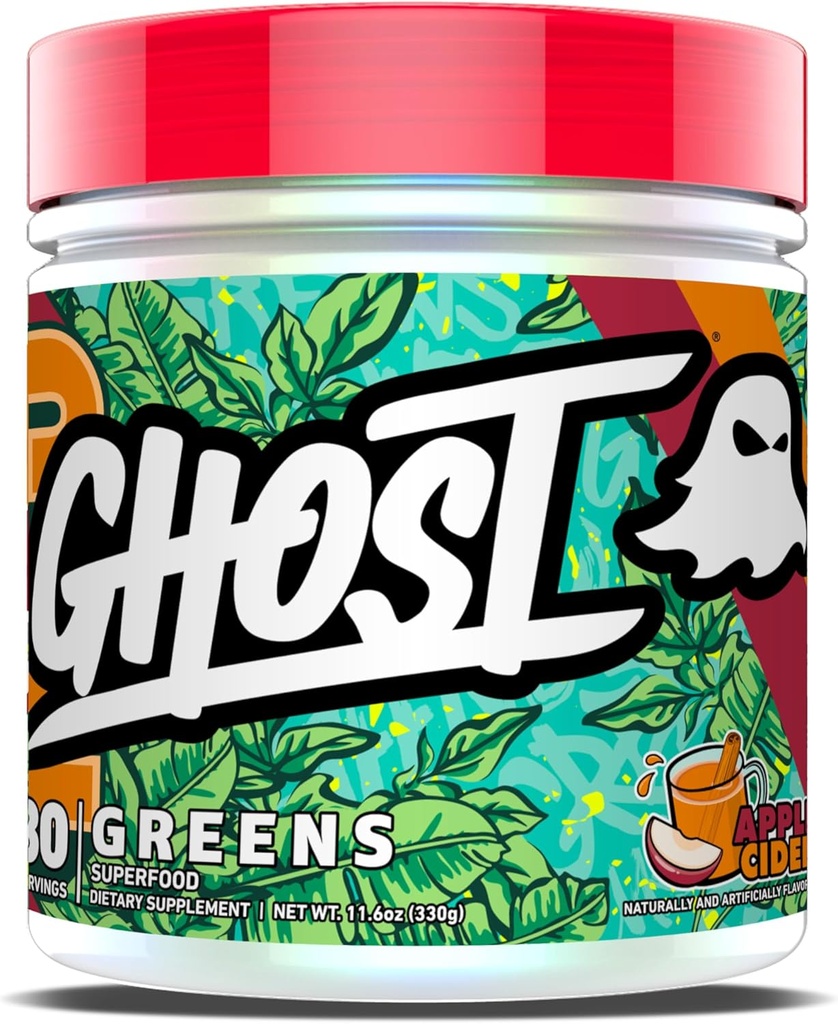 GHOST Greens Powder, Apple Cider - 30 Μερίδες - 19 Superfood Greens & Reds Σκόνη, Φρούτα, Λαχανικά, Spirulina, & Chlorella, Πρεβιοτικά, 10 Billion CFU Probiotic & Digestive Enzymes - Χωρίς γλουτένη