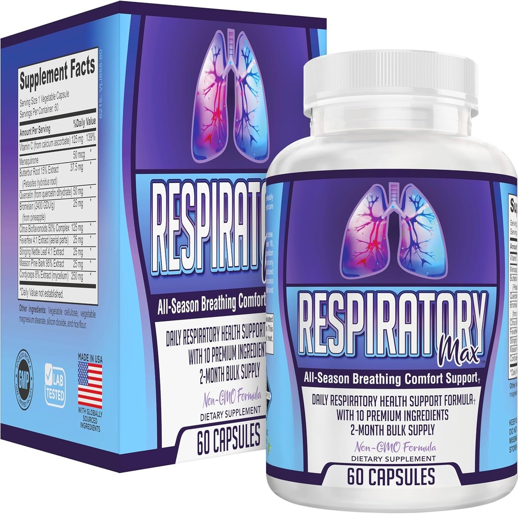 Respiratory Health Supplement 10in-1 Mix | 2Month Bulk Supply | Breathing Support Supplements, Vitamins & Herbs | Respiratory System Nutritional Support for Strong Lungs | 60 Capsules |
