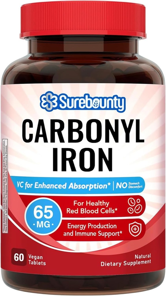 Karbonyl Demir, Doğal C vitamini ile, Stomach, Yüksek Aborpsiyon, Red Blood Cell Function, Energy Support, Vegan, 60 Tabs