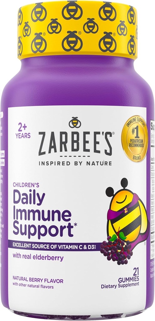 Zarbee's Elder Gummies for Kids with Vitamin C; çinko & Elderberry; Günlük Çocuklar Immune Support Vitamins Gummy for Children Ages 2 and Up; Natural Berry Flavor; 21 Count;
