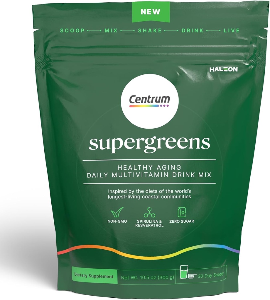Centrum Supergreens - Superfood Toz & Multivitamin Yetişkinler için - Spirulina, Mushroom, Prebiyotiks & Enzyme Mix - 30-Day Supply