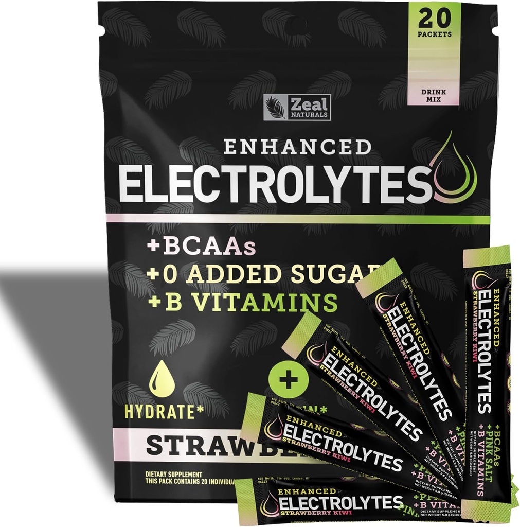 Gelişen Elektrolyte Toz Çelik Paketleri (Strawberry Kiwi | 20 Packets) w/ 0 Sugar +BCAAs +B-Vitamins Electrolyte Supplement w Pids Çinko & Magnezyum için Hydration - Keto Electrolytes